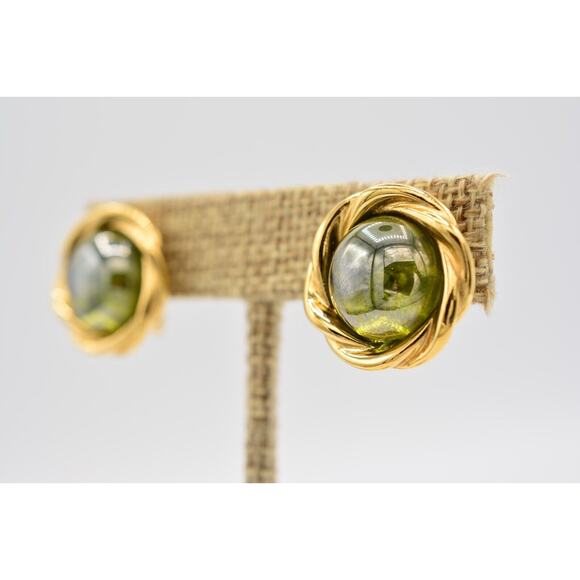 Givenchy Vintage Cabochon Clip On Earrings Gold Green Signed Runway 1980s BinAK - Picture 2 of 12